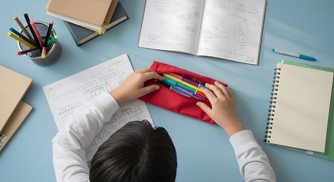 A person is sitting at a desk with a pencil and a notebook