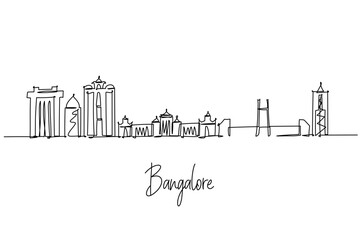 Bangalore city skyline continuous line drawing showing Vidhana Soudha, UB Tower, Bangalore Palace and the Cable Stayed Bridge, a cityscape concept for Karnataka tech hub travel theme and modern India.
