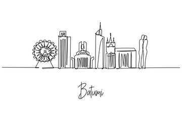 Batumi city skyline single line drawing with Ferris Wheel, Alphabetic Tower, Ali and Nino and seaside promenade, a cityscape concept for Black Sea travel theme and Georgia modern resort.