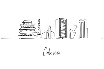 Caloocan city skyline continuous line drawing featuring Bonifacio Monument, Monumento Circle and Grace Park blocks, a cityscape concept for Metro Manila travel theme and northern district identity.