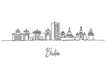 Bhutan country skyline one line drawing with Paro Taktsang, Punakha Dzong, Tashichho Dzong and Buddha Dordenma, a cityscape concept highlighting Bhutanese culture theme for tourism and heritage.