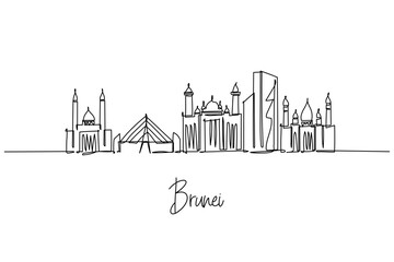 Brunei city skyline continuous line drawing with Sultan Omar Ali Saifuddien Mosque, Jame Asr Hassanil Bolkiah Mosque and Istana Nurul Iman, a cityscape concept for Bandar Seri Begawan travel theme.