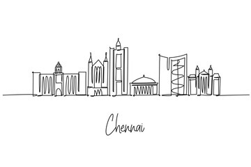 Chennai city skyline single line drawing featuring Ripon Building, San Thome Basilica, LIC Building and Government Museum, a cityscape concept for Tamil Nadu travel theme and India architecture.