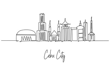 Cebu City skyline continuous line drawing with Magellans Cross, Basilica del Santo Nino, Fort San Pedro and Taoist Temple, a cityscape concept for Visayas travel theme and Philippines heritage.