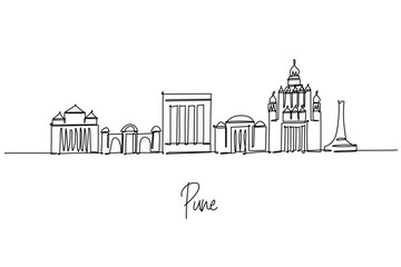 Pune city skyline continuous line drawing featuring Shaniwar Wada, Aga Khan Palace, Fergusson College and Deccan landmarks, a cityscape concept for Maharashtra travel theme and cultural education hub.