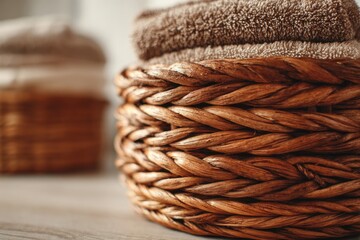 Woven wicker baskets hold stacked towels.  Beige towels rest atop intricately woven, light brown baskets.  Natural light highlights the textures