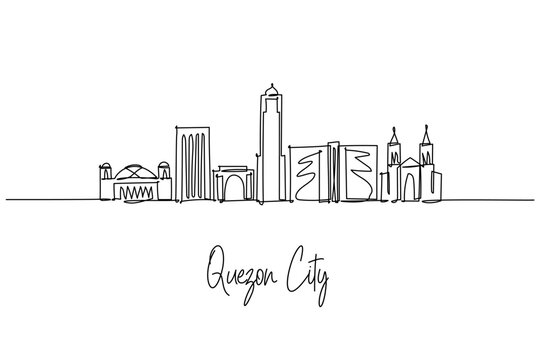 Quezon City skyline single line drawing highlighting Quezon Memorial Circle, Araneta Center, UP Diliman and Eastwood towers, a cityscape concept for Metro Manila travel theme and urban lifestyle.