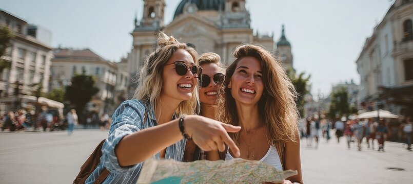 Group of Female Friends Enjoying a Day of Sightseeing and Exploration in a Vibrant Cityscape - Powered by Adobe
