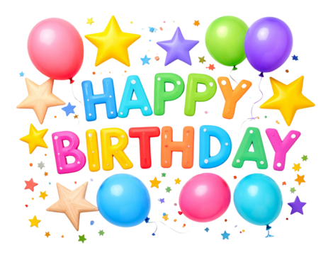 Colorful “Happy Birthday” Text with Balloons, Stars, and Confetti in Fun Clip Art Style on White Background