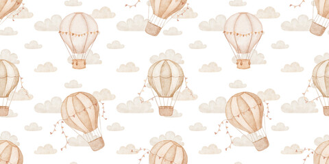 Seamless watercolor background with hot air balloons in clouds, hand drawn repeating illustrations on white background