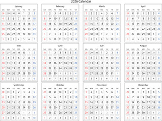 A clear 2026 English calendar showing the entire year at a glance. Perfect for business planning, scheduling, project management, and organizing events in an international format.