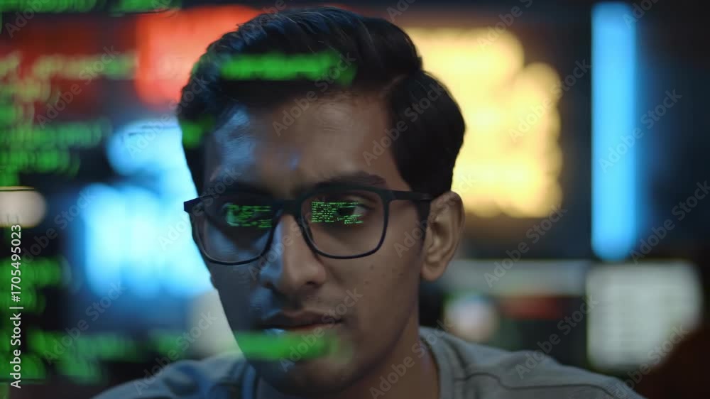 Poster focused young adult man with glasses reflecting green computer code for technology, developer, progr