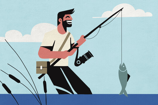 Angler fishing outdoors in nature with camera and catching a fish