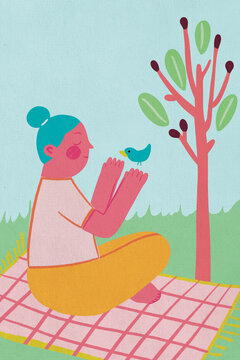 Woman practicing mindfulness with bird in nature illustration