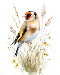 European goldfinch perched gracefully amidst wildflowers in a serene watercolor landscape