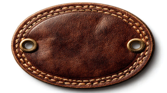 Round with for isolated frame white background. Empty brown material tag, on leather apparel blank seam Premium craft classic realistic rough skin sticker wear clothes patch. stitch, label  46040683 1
