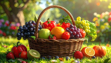 Fruit Basket Overflowing with Variety on Green Grass in Sunny Garden Setting Bright Lighting