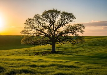 Obraz premium Lone tree with deer grazing nearby.