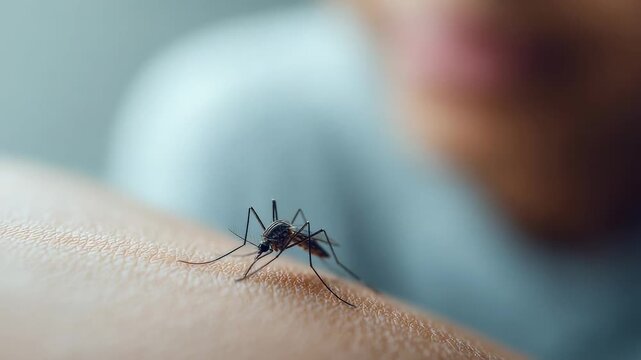 Mosquito preparing to bite human skin, potentially transmitting diseases like dengue fever, zika virus, chikungunya, and yellow fever, highlighting a public health concern