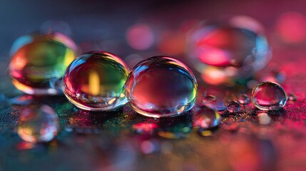 Naklejka premium Abstract macro of crystal clear liquid droplets with rainbow refraction highlights, bold color blend of red, green, and blue, shallow depth of field, subtle backlight glow
