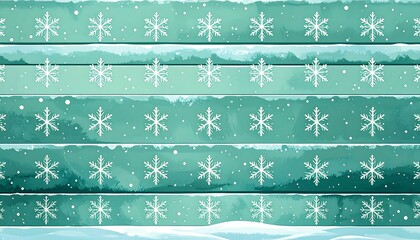 Winter scene with snowflakes on teal wooden planks