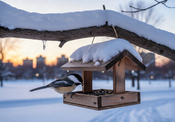 A close-up of a chickadee eating from a snow-covered bird feeder in a winter park at sunset