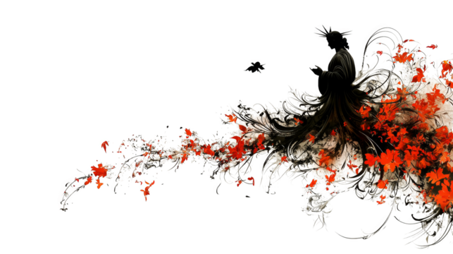 Elegant female silhouette with flowing ornate floral dress and red petals creating dynamic motion