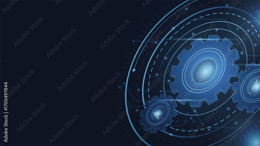 Poster modern futuristic background with glowing blue gears and digital circuits, perfect for technology, e
