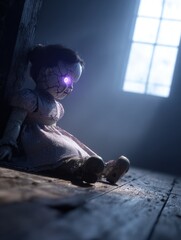 Eerie cracked porcelain doll with glowing purple eye sits in dimly lit room