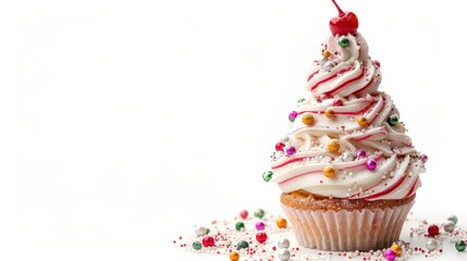 Festive christmas cupcake with swirled icing and decorative toppings for holiday celebrations. Happy New Year. Horizontal banner. Copy space. For coffee shop, pastry, bakery, bar, restaurant