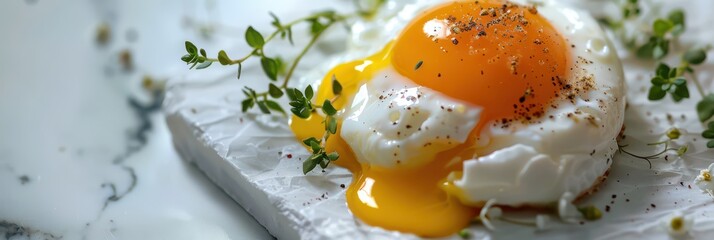 Celebrating world egg day with delicious gourmet poached egg on marble surface. Horizontal banner. Copy space. Healthy farm food. Top view. Flat lay. Breakfast