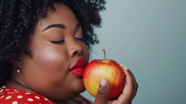 Confident plus size woman embracing self love with an apple - Powered by Adobe