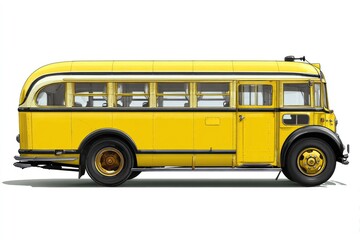 Side profile of a vintage yellow bus.  Rounded top, multiple windows, black trim
