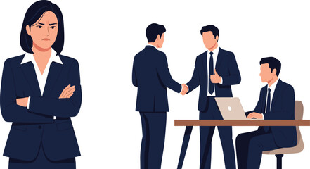 Business meeting, office teamwork, professional people, formal attire, handshake, laptop work, disagreement, collaboration, corporate setting, vector illustration, workplace dynamics