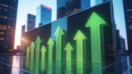 Stock Market Bullish Arrows with Neon Green Growth Over Corporate Skyline