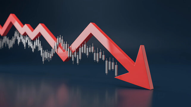 Dark Financial Background with Candlestick Chart and Bearish Red Arrow