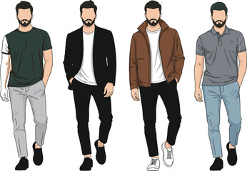 Men walking, casual fashion, semi-formal outfits, stylish clothing, modern male style, urban wear, trendy apparel, fashion illustration, vector art, posture reference