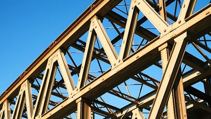 Industrial steel structure with geometric patterns, highlighting construction progress under clear skies.