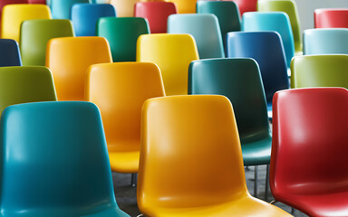 Fototapeta premium Vibrant array of colorful plastic stools arranged in rows for seating or storage illustration