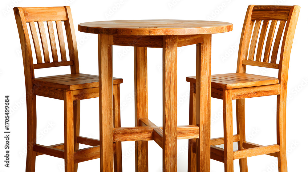 Poster wooden bar high with bar table. round stools table and two wooden bar isolated. bar table and chairs