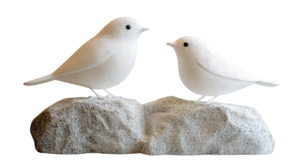 Two small white birds perched on textured rock, gentle interaction and soft natural lighting