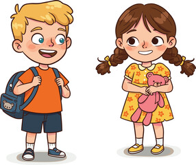 Cute cartoon boy with backpack and girl holding teddy bear, smiling, ready for school or play, isolated on white background
