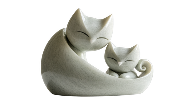 Mother cat sculpture embracing kitten in smooth stone texture, serene minimalist home decor, gentle warmth