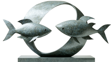 Two metal fish sculpture forming circular motion on pedestal, textured patina finish evokes calm and harmony