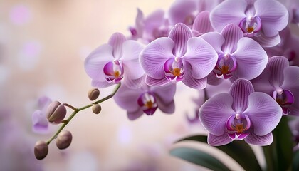 Naklejka premium Against A Soft Neutral Background Delicate Purple Orchids Bloom In A Beautiful Display Of Floral Art Characterized By Gentle Hues Elegant Blossoms And Leaves And A Serene Natural Aesthetic