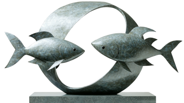 Two metal fish sculpture forming circular motion on pedestal, textured patina finish evokes calm and harmony