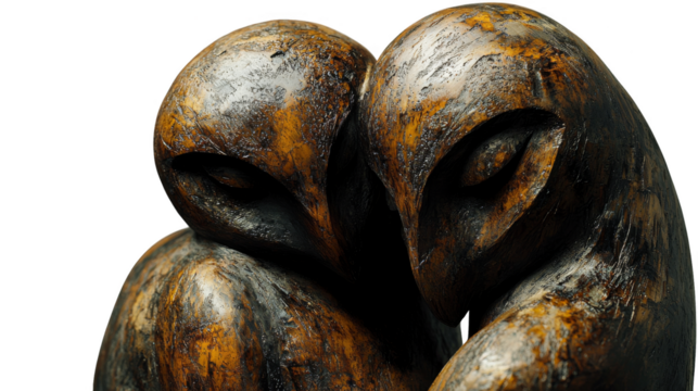 Abstract wooden sculpture of two figures embracing, warm rustic texture and intimate mood