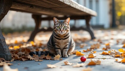 Tabby Cat Sitting Under Park Bench in Autumn