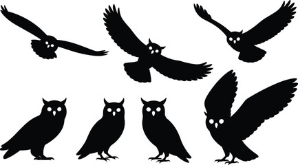 Black owl silhouettes with glowing eyes in flight and perched positions, night bird vector, spooky wildlife design, isolated on white background