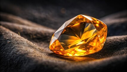 A bright yellow citrine stone sits on a black velvet background